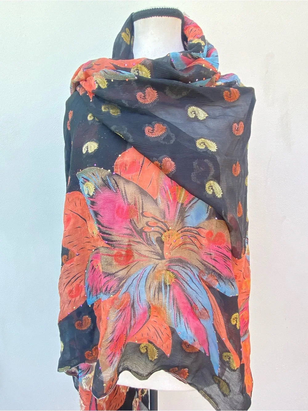Whimsy 100% Silk Black Multicolor Floral Paisley Embroidered Rhinestone Shawl